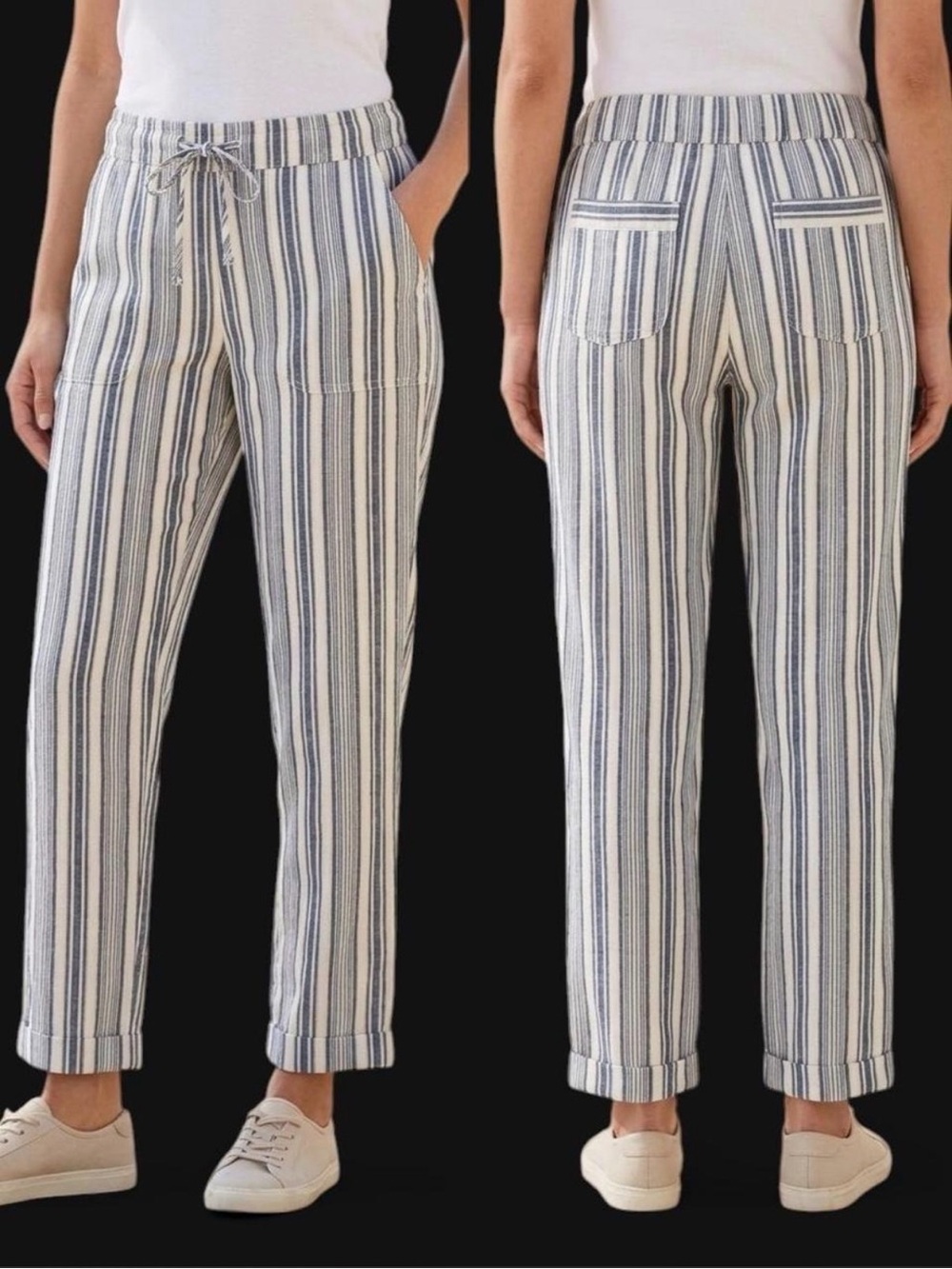 Per Se Striped Linen Drawstring Ankle Pants - Blue & White
